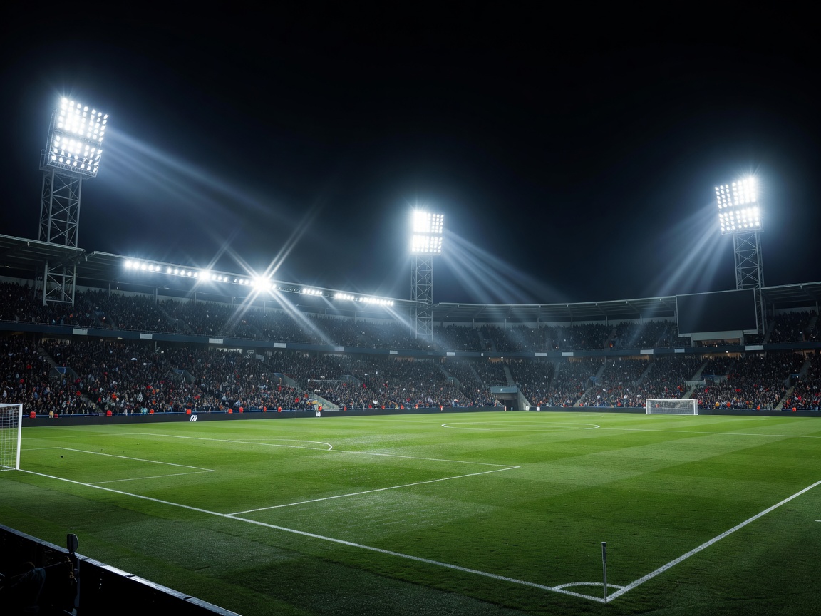 Athletic arena floodlights over soccer stadium championship field