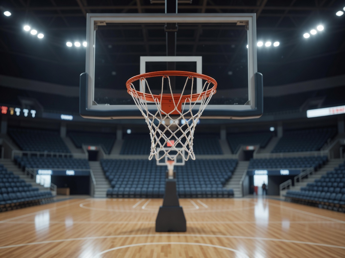 Basketball hoop and net in indoor sports arena
