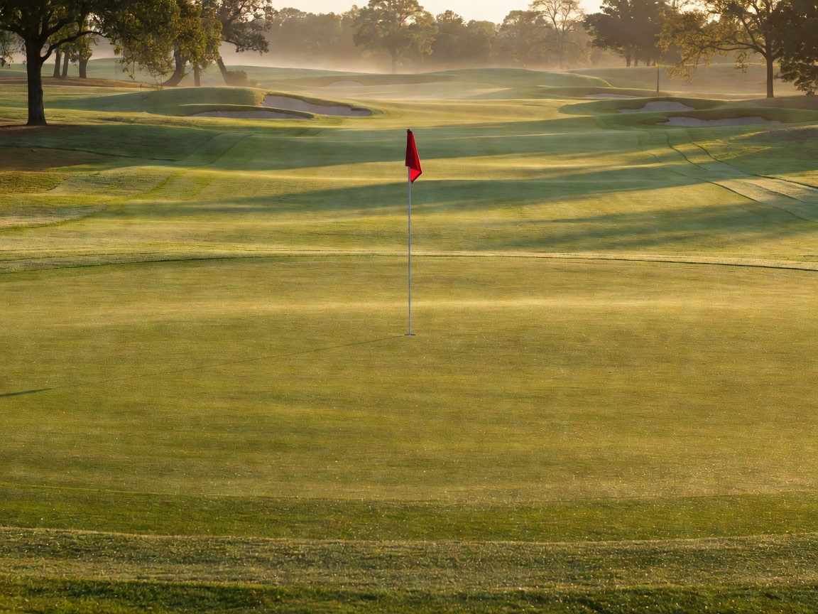 Golf course fairway and pin flag under morning sun