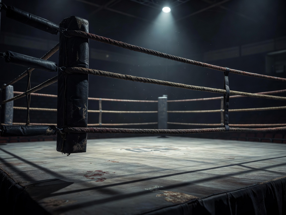 Heavyweight boxing ring ropes under moody lighting