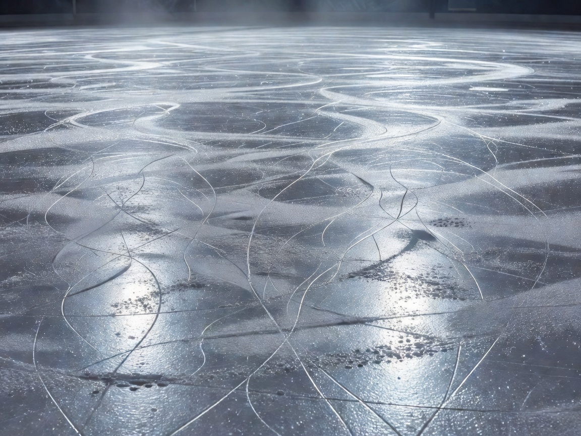 Ice rink surface with skate marks under arena illumination