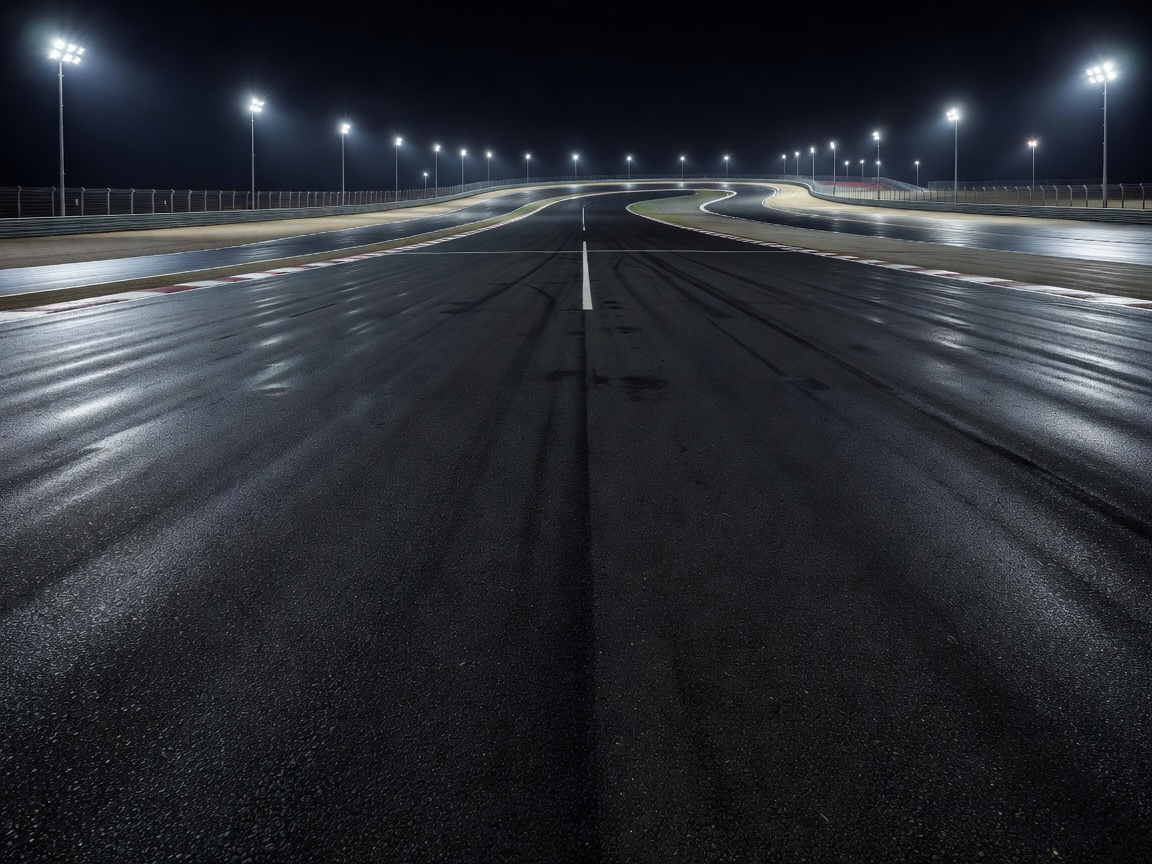 Race car track tarmac under racing circuit lighting