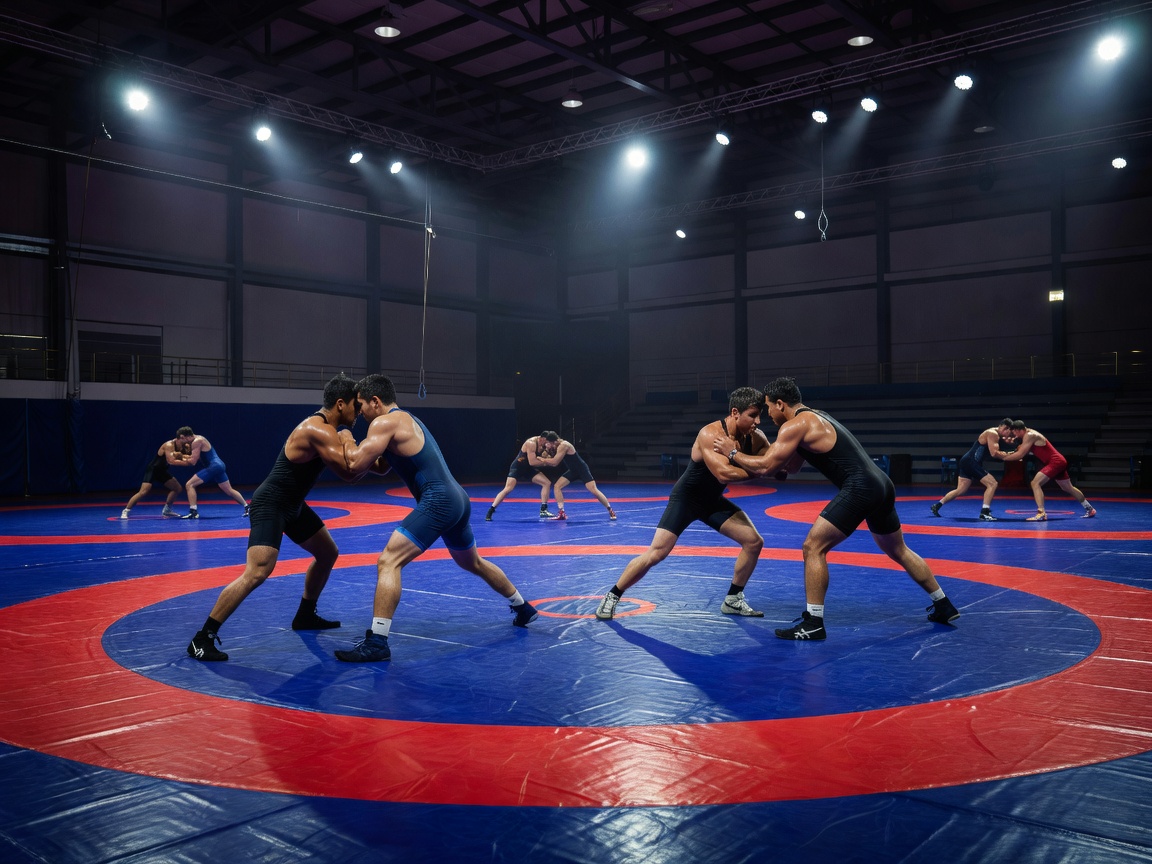 Wrestling training arena mats under arena floodlights